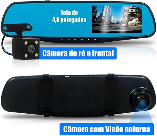 Kit Retrovisor Automotivo com Tela 4 Polegadas e Camera de Ré Colorida com Linhas Distância