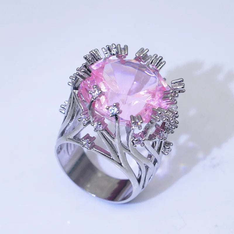 Anel de Prata Esterlina Embutido com Cristal e Zircão Rosa, Mulheres