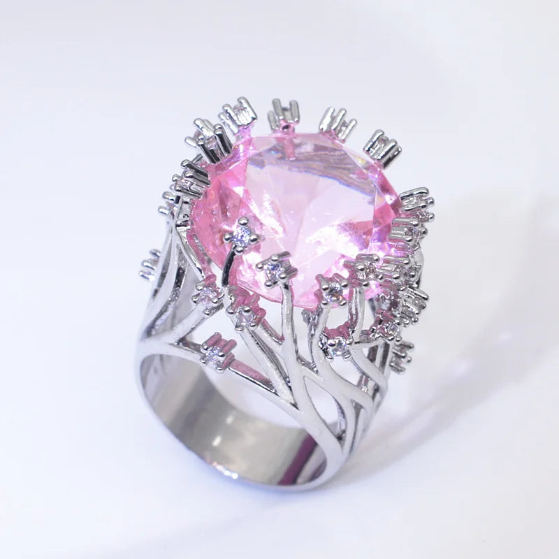 Anel de Prata Esterlina Embutido com Cristal e Zircão Rosa, Mulheres