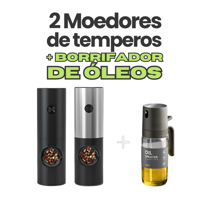 KIT BRILHANTE - 2 Moedores Automáticos de Temperos + Escova Giratória 5 em 1