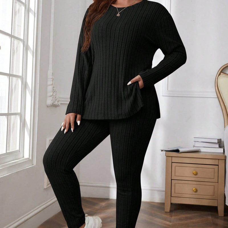 Conjunto Feminino canelado com gola redonda Olivia Plus Size