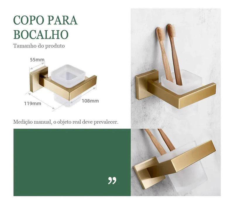 Kit Acessórios Para Banheiro Aço Inoxidável Dourado Premium